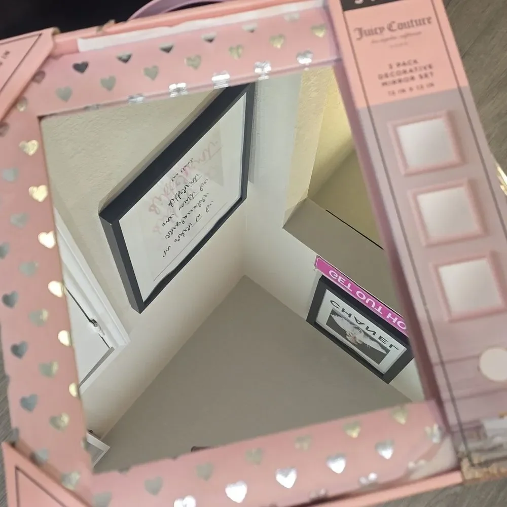 Juicy Couture Home 3-PK Silver Foil Heart Pink Velour Decorative Mirror Set‎